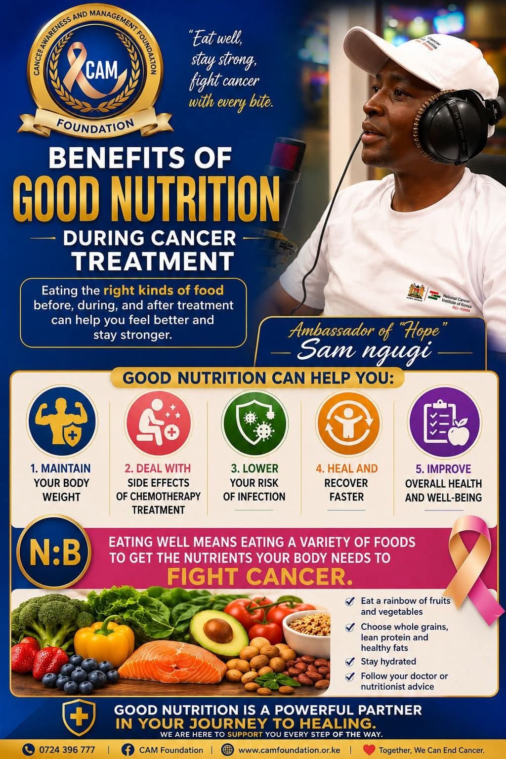 CAM Foundation infographic on the benefits of good nutrition during cancer treatment, featuring Ambassador of Hope Sam Ngugi.
