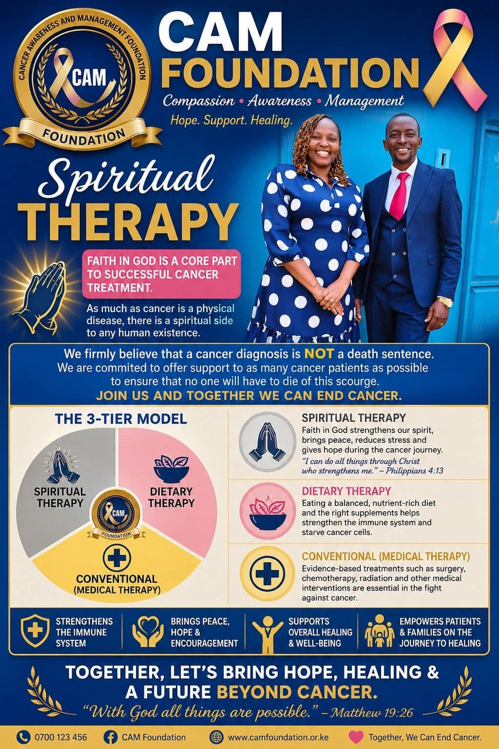 CAM Foundation's 3-tier support model: spiritual therapy, dietary therapy, and conventional medical therapy.