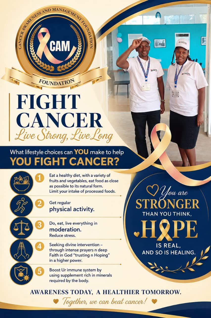 CAM Foundation infographic: Fight Cancer, Live Strong Live Long — five lifestyle choices to help fight cancer.